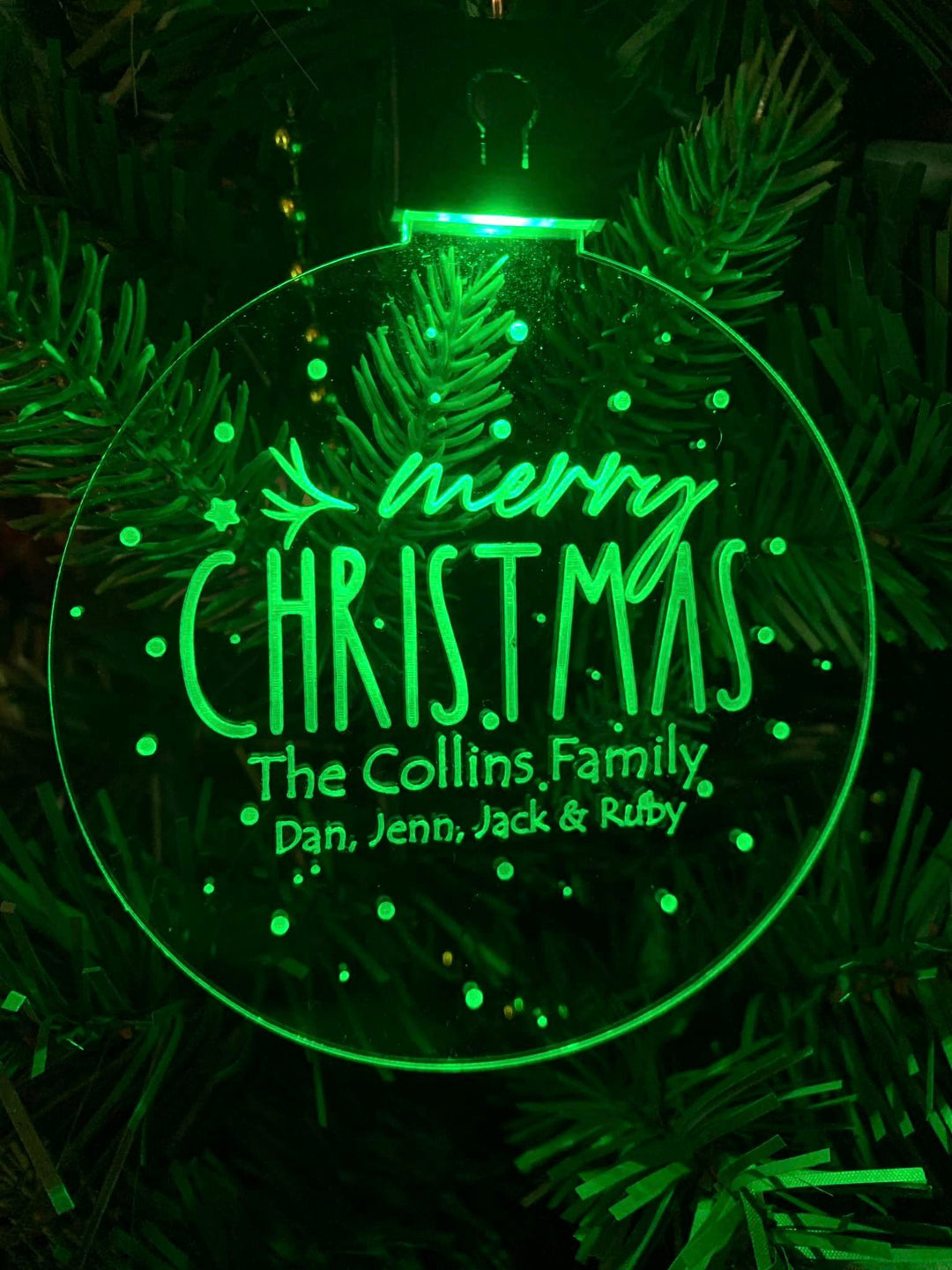 Personalized Light Up Christmas Tree Ornament - Rechargeable LED -