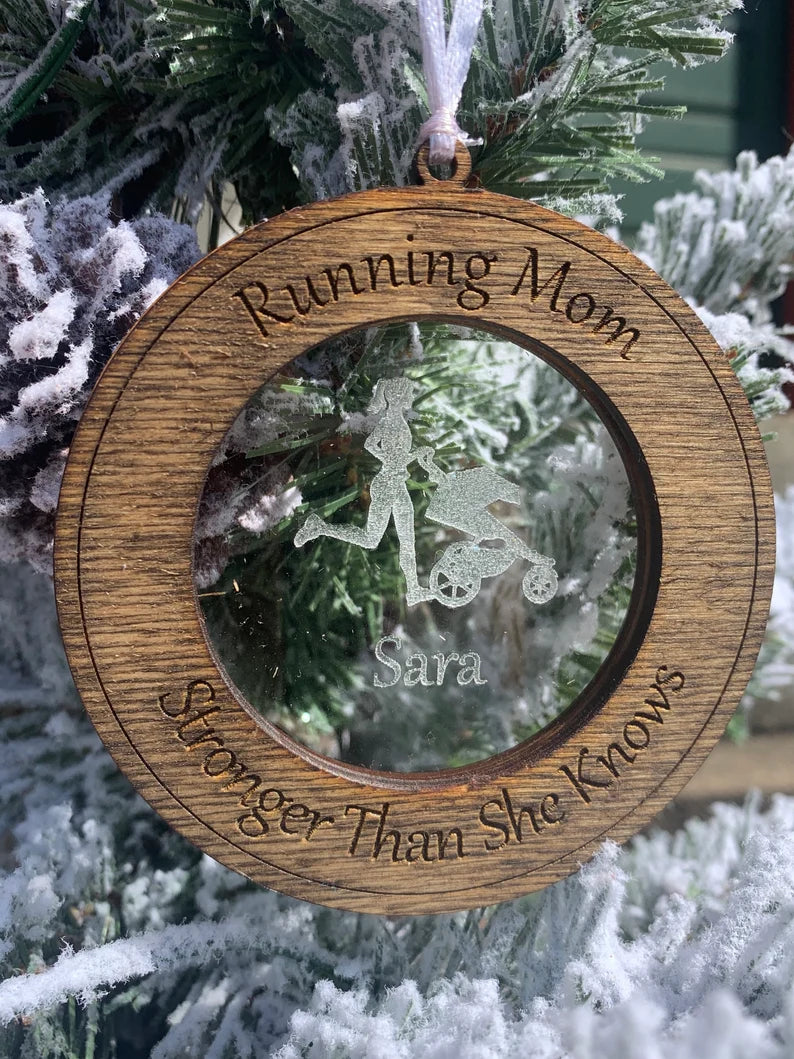 Runner Mom Ornament, gift for runners, Secret Santa, gift for runner woman, marathon runner gift, gift for coach, jogging stroller